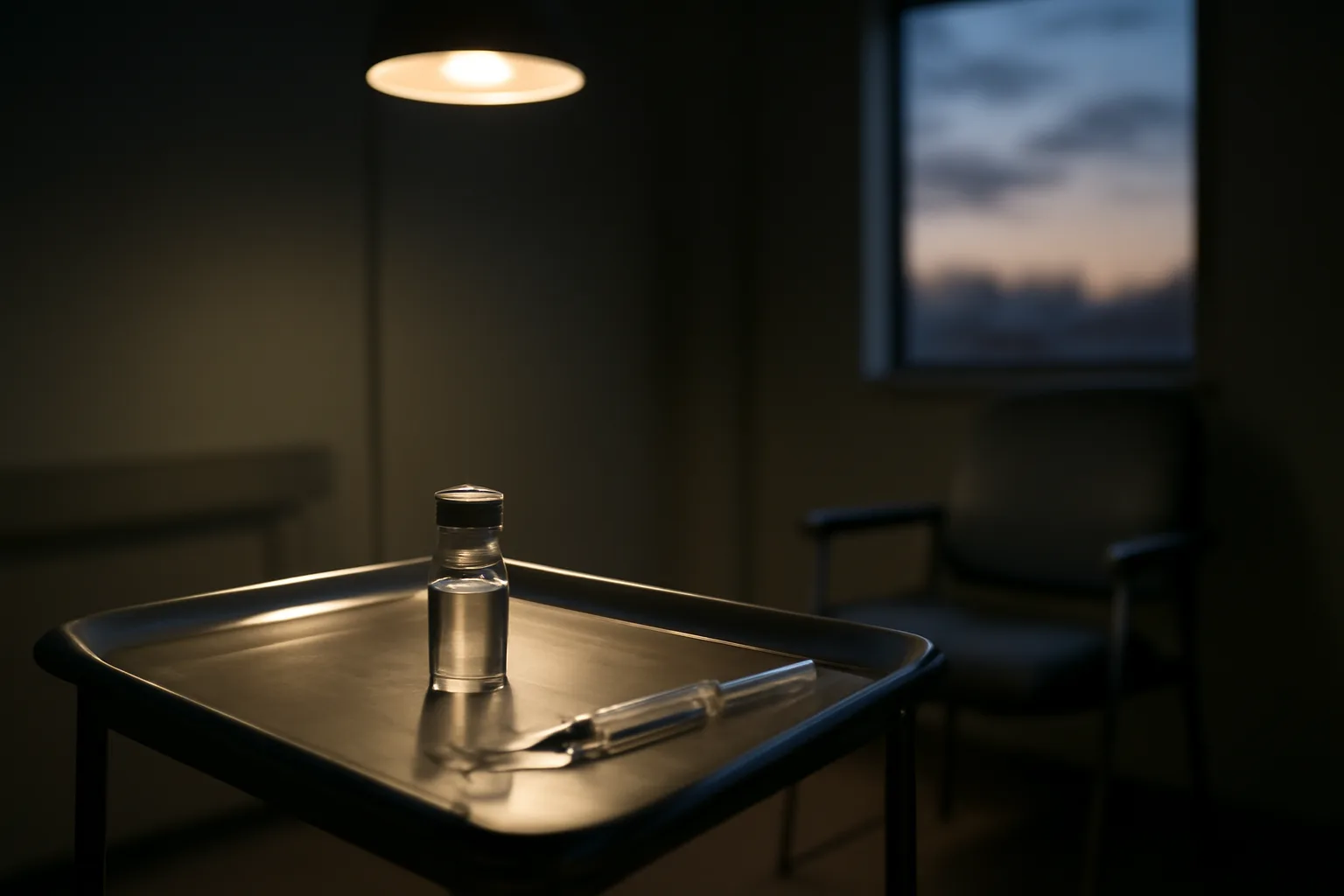 Empty clinical exam room with vial and syringe on a steel tray, evoking CJC-1295 overdose safety topic