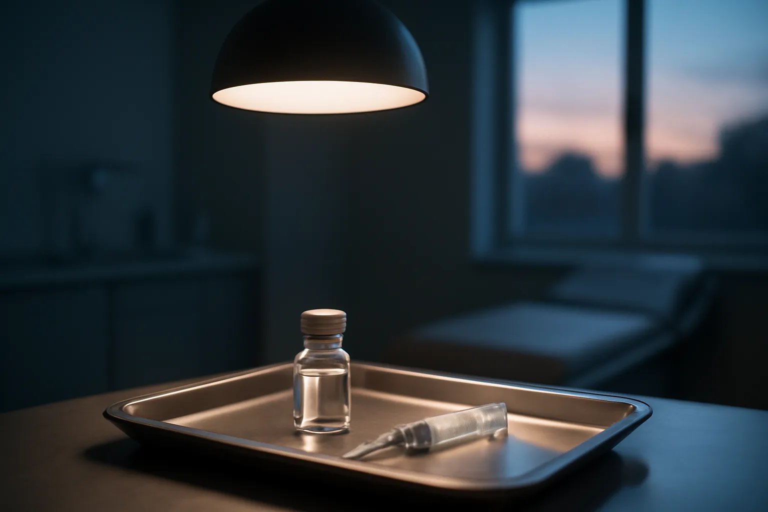 Vial and syringe on a steel tray in a dim clinical room, representing CJC-1295 side effects research