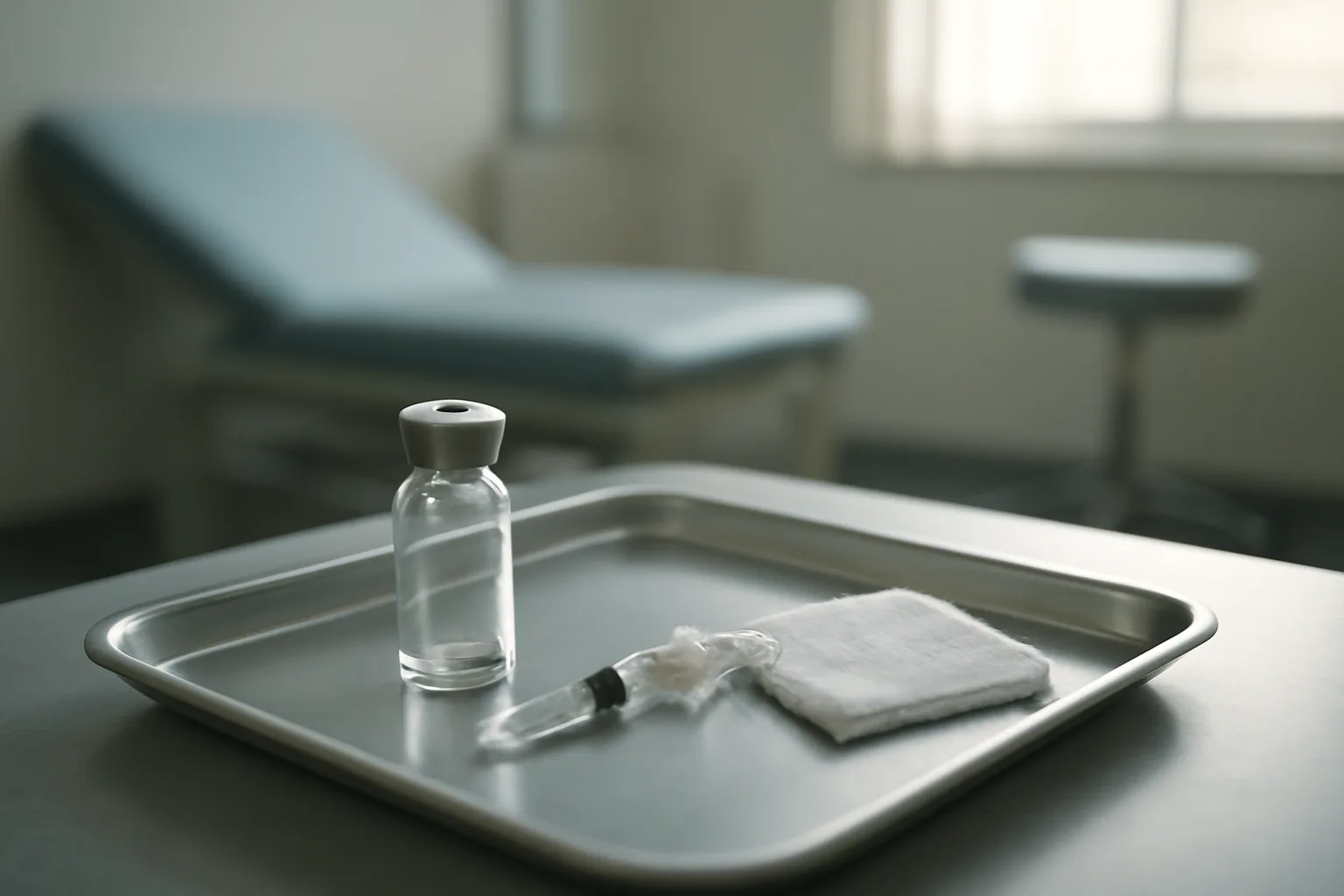 Empty vial and syringe on a steel tray, representing stopping CJC-1295 treatment