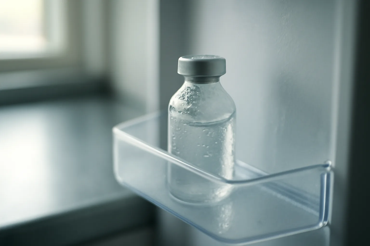 Glass peptide vial sitting on a refrigerator shelf with condensation forming