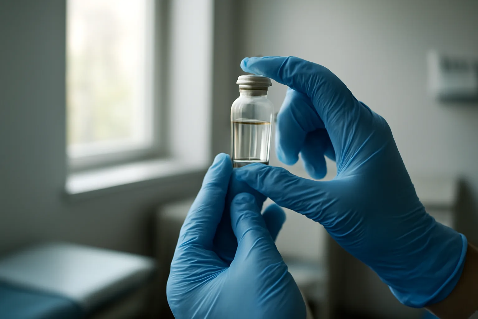 Gloved hands examining a glass peptide vial in daylight in a clinical room