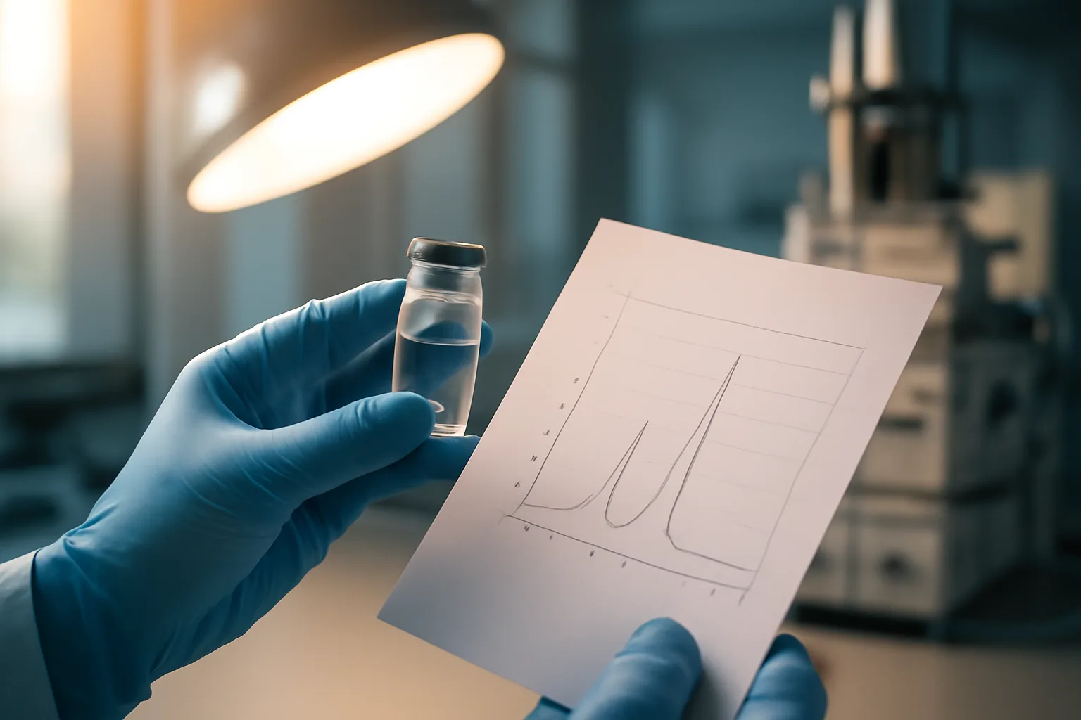 Gloved hand examining a lab vial and printed report, representing a CJC-1295 certificate of analysis