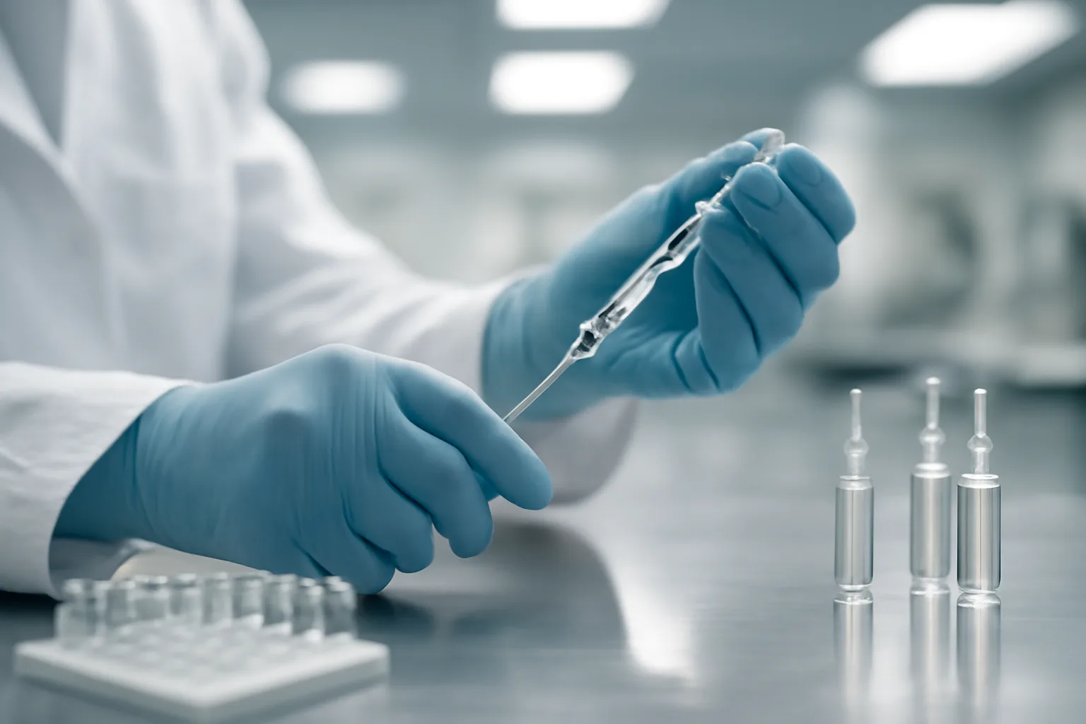 Gloved hands preparing an injectable vial on a clean compounding pharmacy bench