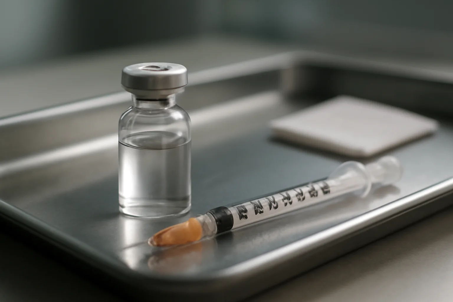 Glass peptide vial and syringe on a steel tray illustrating CJC-1295 cost and pricing