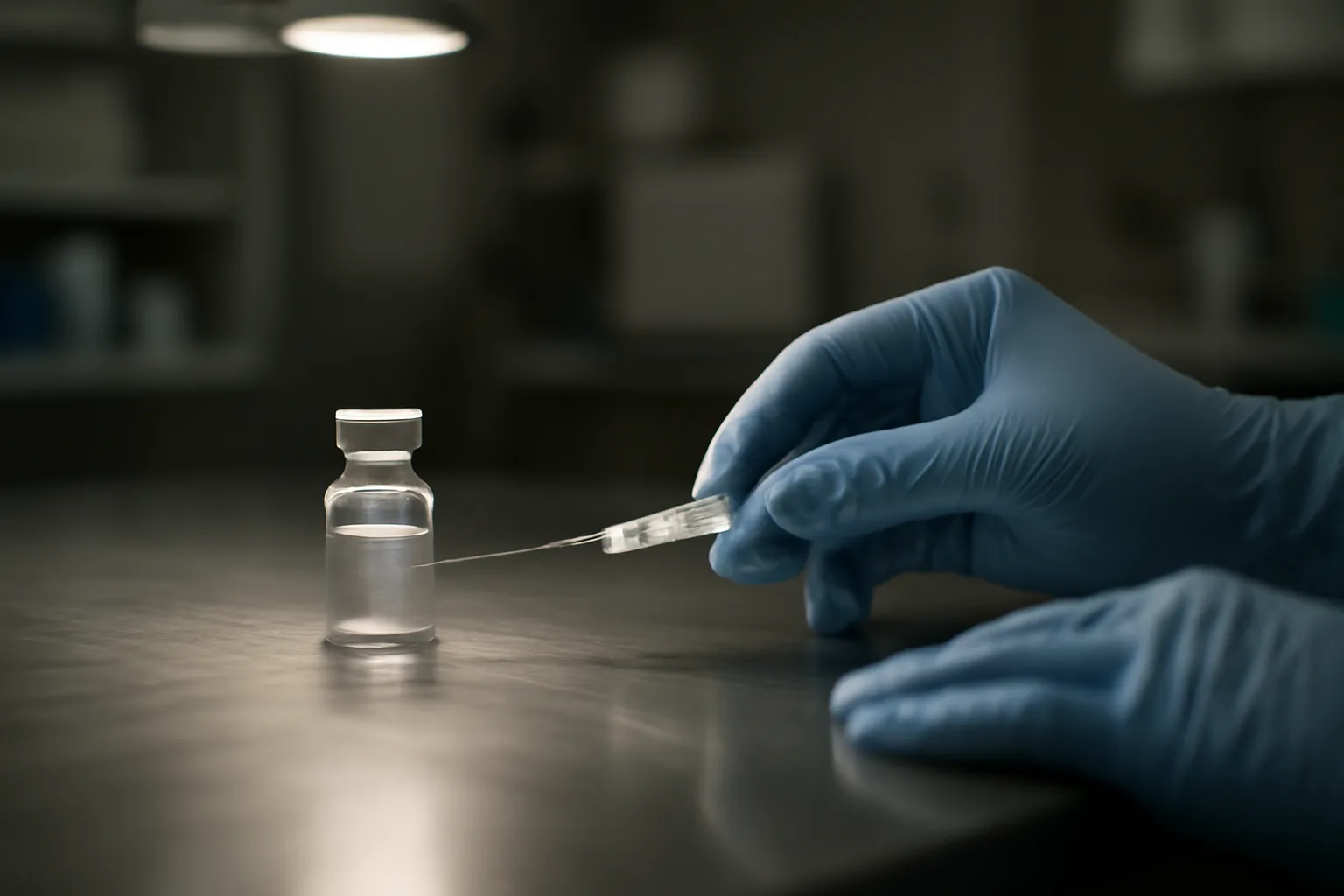 Compounding pharmacy prep counter with sealed vial, illustrating CJC-1295 legal status context