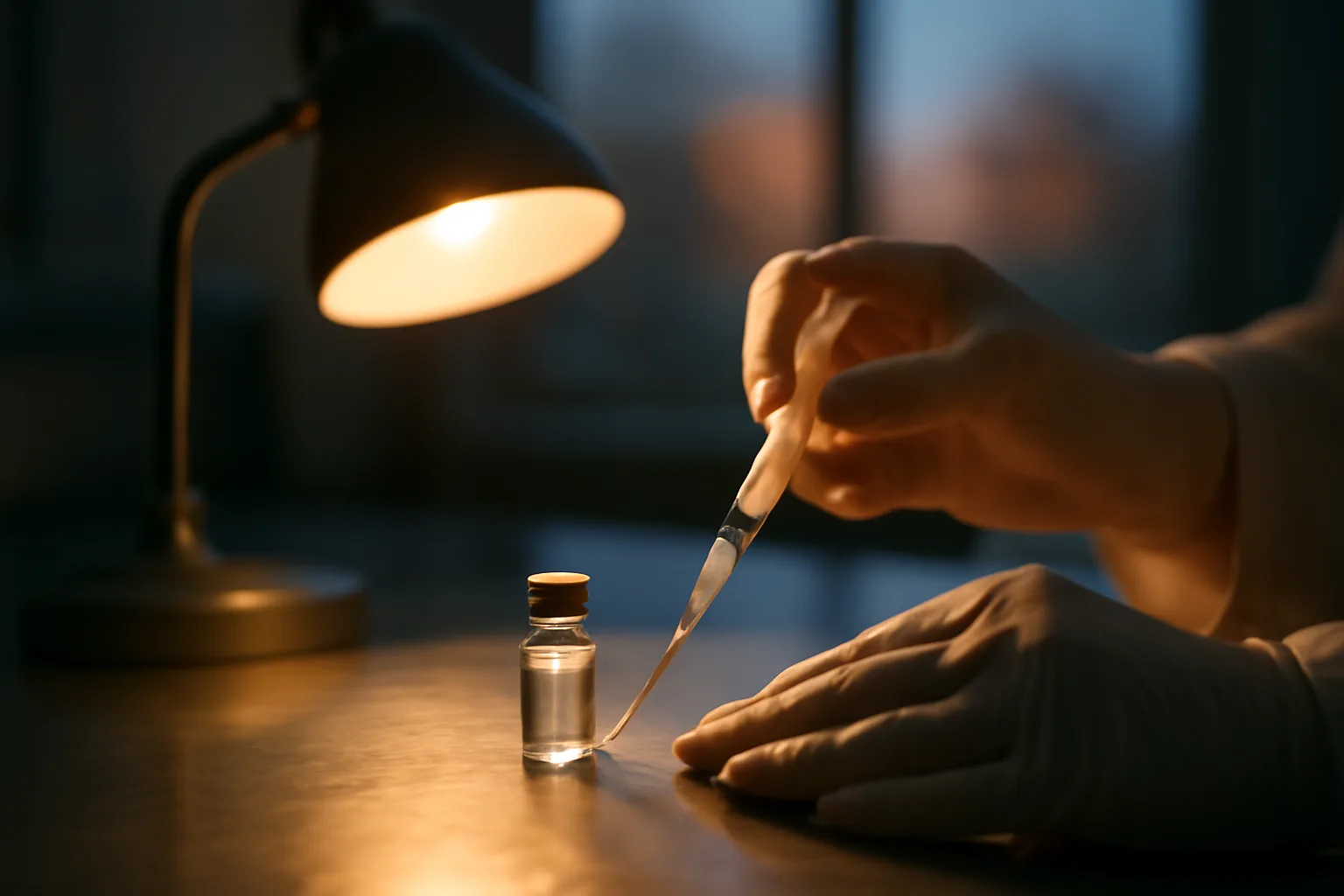 Pharmacist's hands preparing a compounded vial under lamp light, representing cjc-1295 prescription requirements