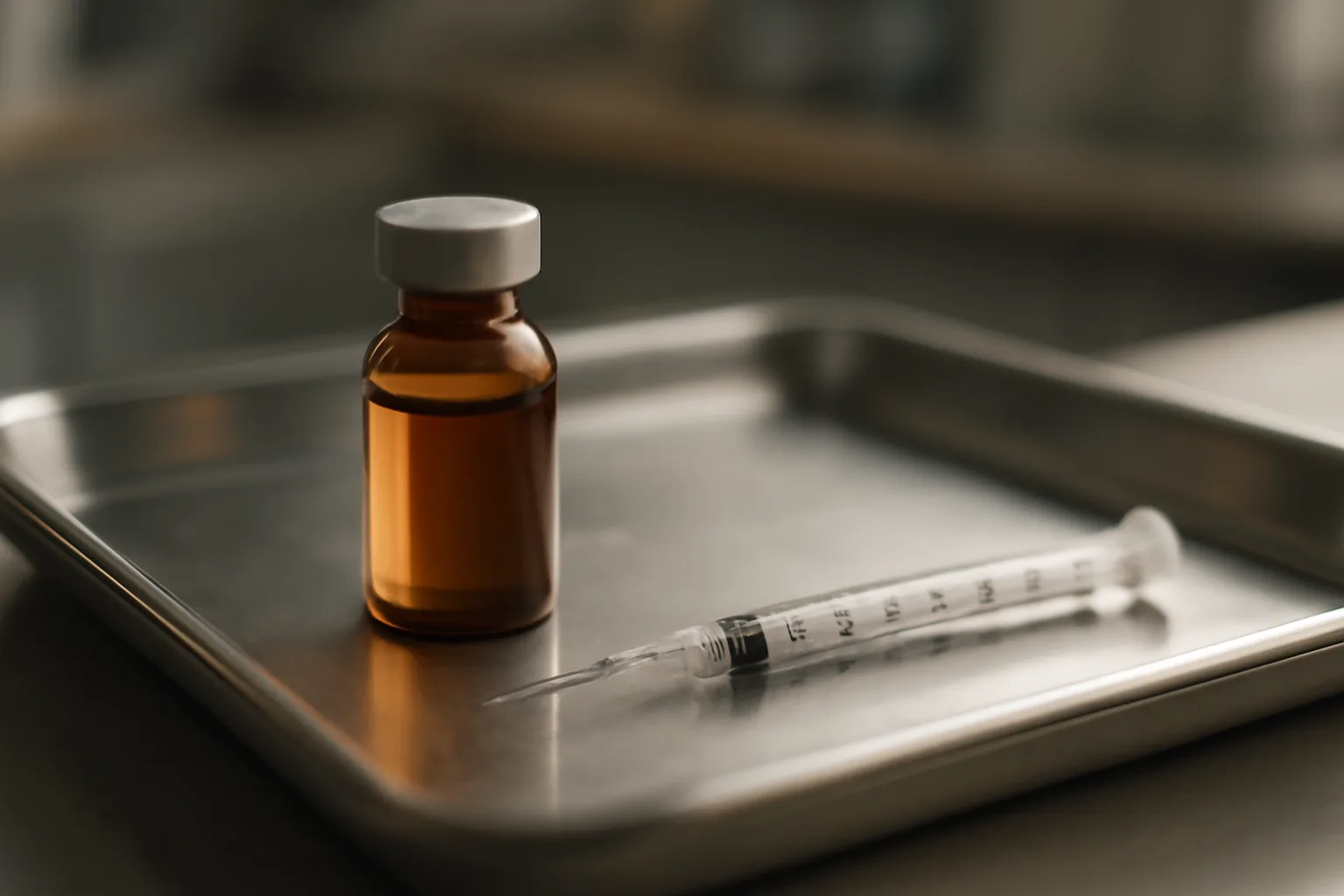 Vial and syringe on a steel tray in a compounding pharmacy setting