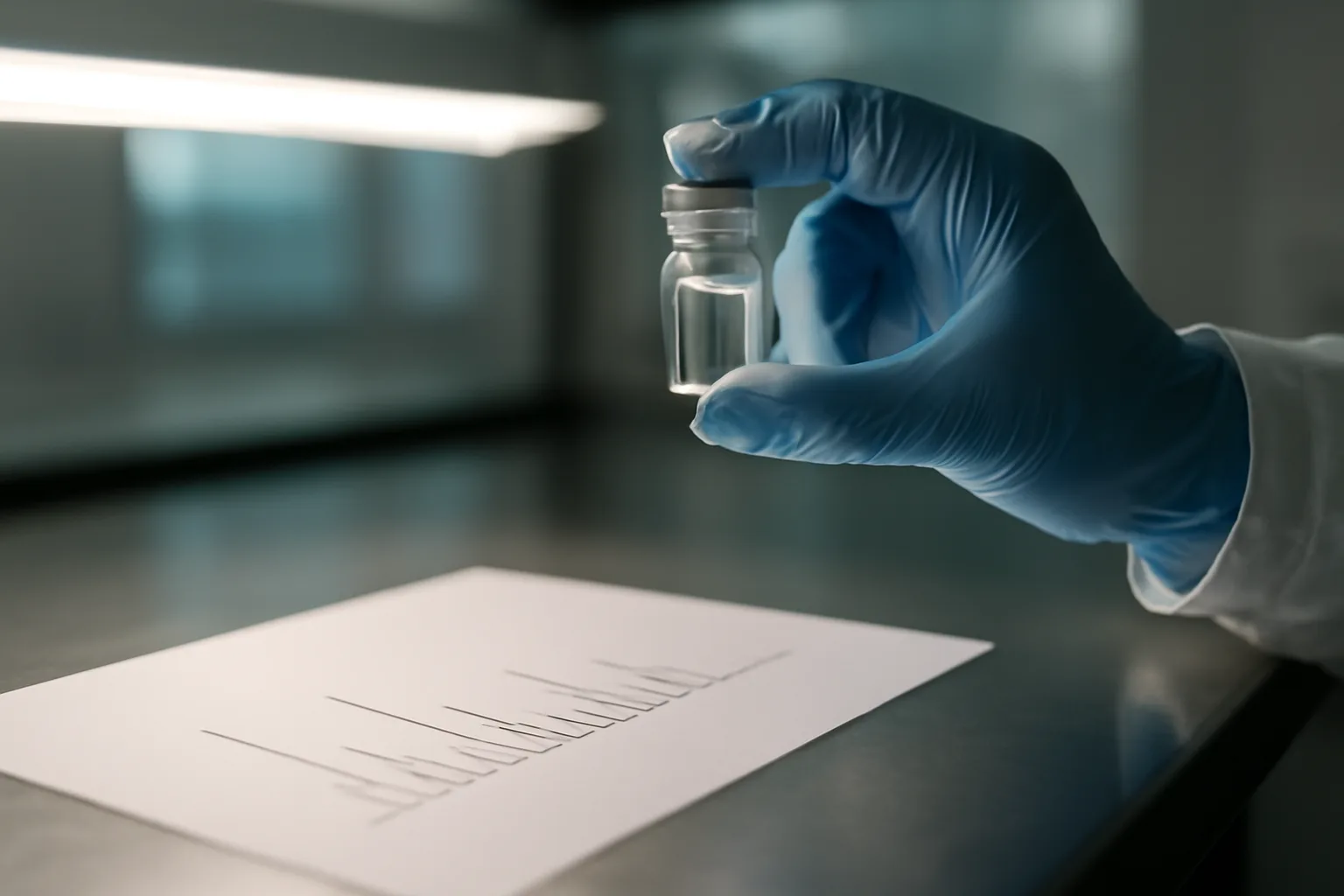 Gloved hand inspecting a peptide vial beside a chromatogram printout in a lab
