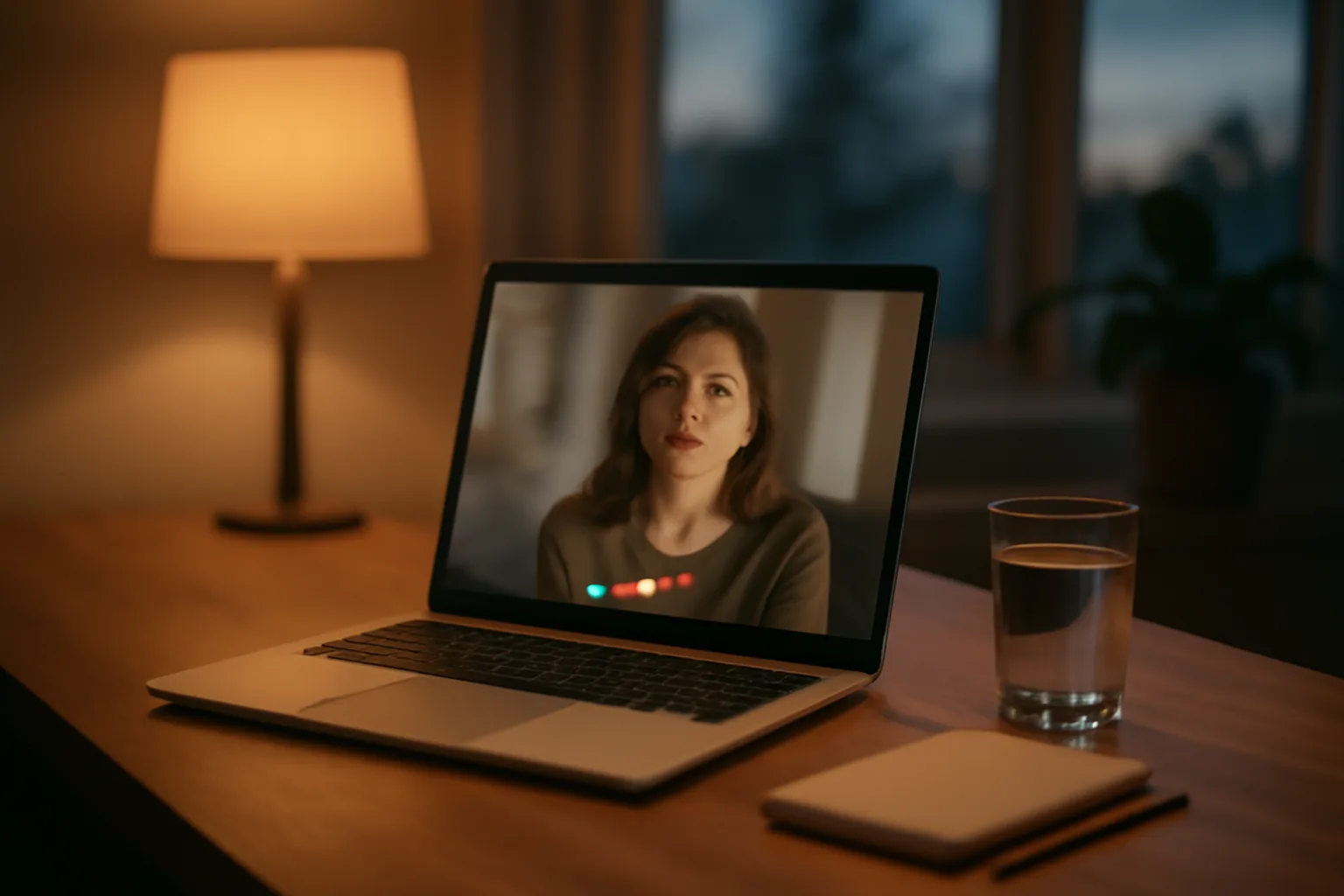 Person at a laptop during an evening telehealth video consultation at a home desk
