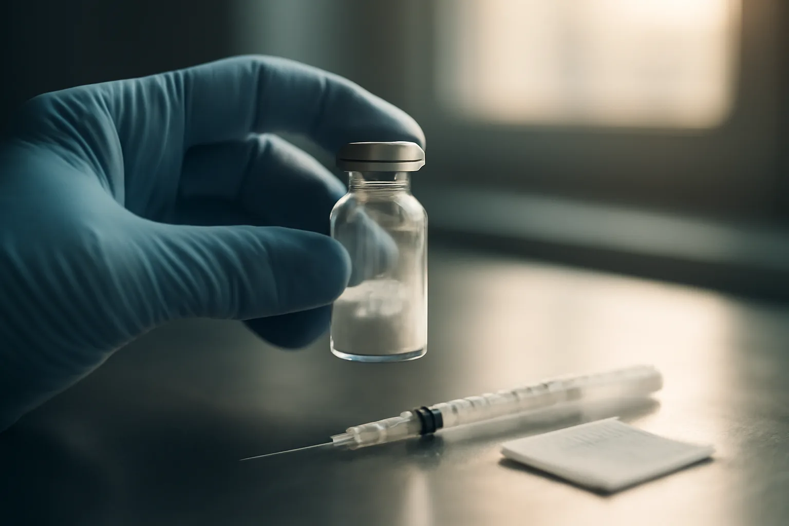Gloved hand inspecting a glass vial to verify CJC-1295 quality on a lab bench