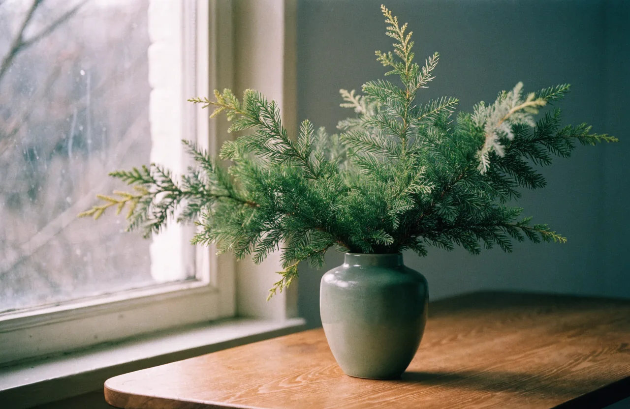 A juniper branch in a matte sage-green ceramic vase on a wooden table beside a tall window in soft light.