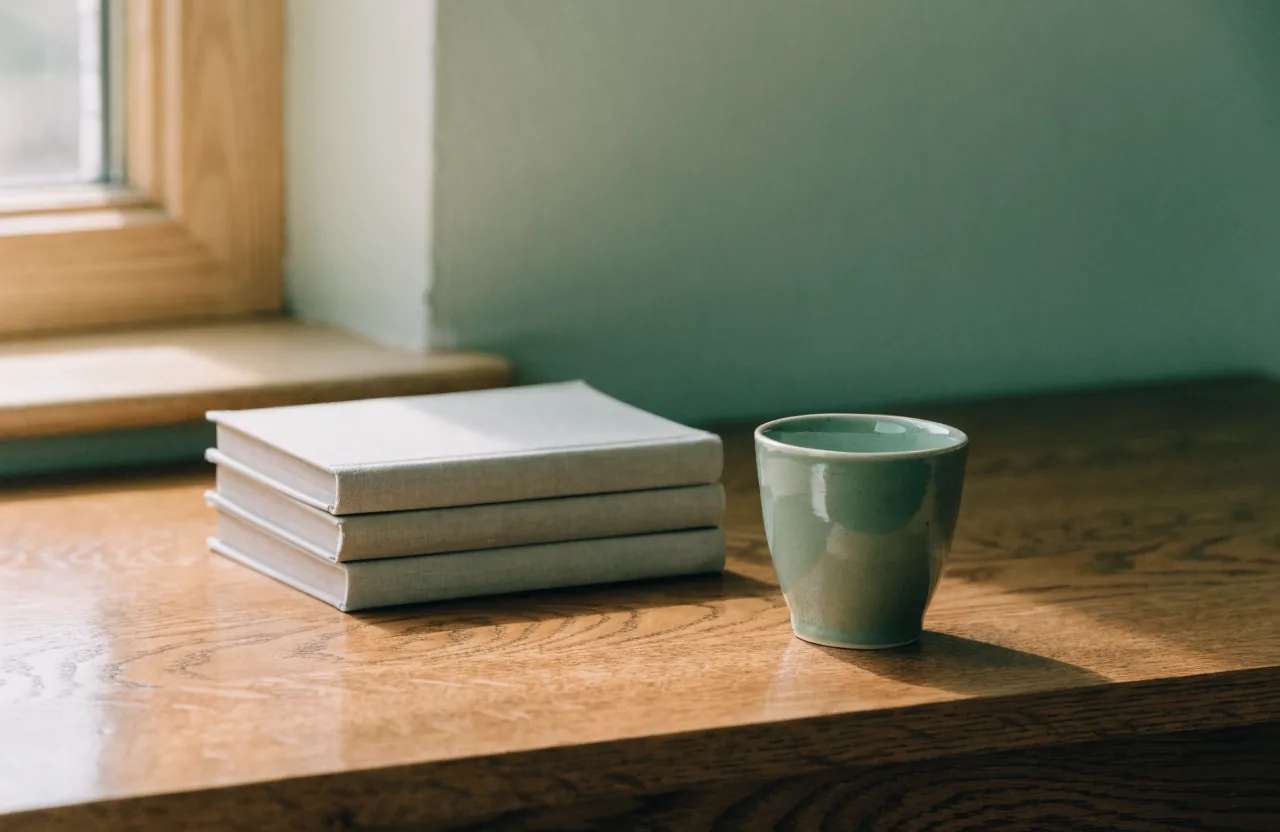 A sage green ceramic cup beside a small stack of plain cloth-bound books on a dark oak desk.